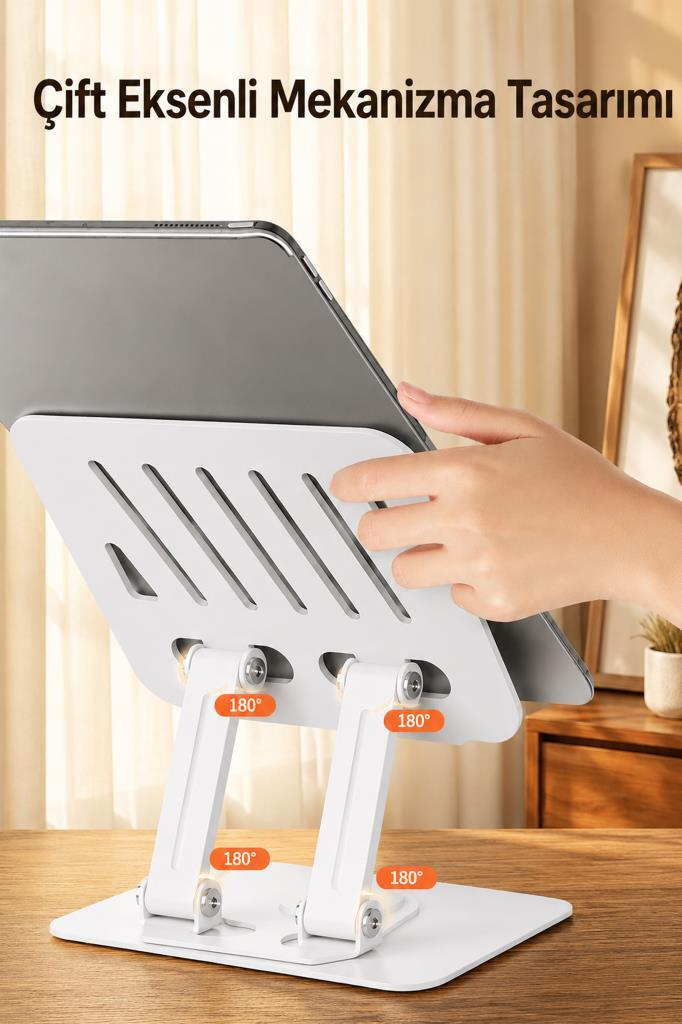 Tablet üzerinde beyaz bir dizüstü bilgisayar standı. Açılar gösteriliyor.