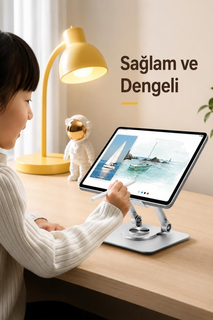 Çocuk gümüş bir stant üzerinde tablet kullanıyor. Yakında sarı bir lamba var.