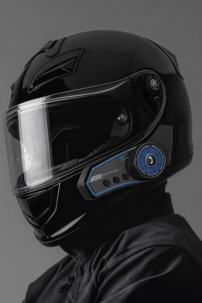 Siyah tam yüz kask, Bluetooth kulaklık ve şeffaf vizörlü. Gri arka plan.