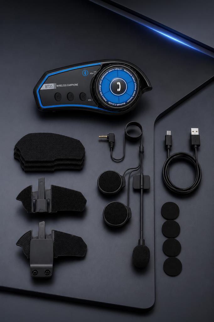 Kablolar, mikrofon ve kulaklıklarla motosiklet Bluetooth kulaklık kiti.