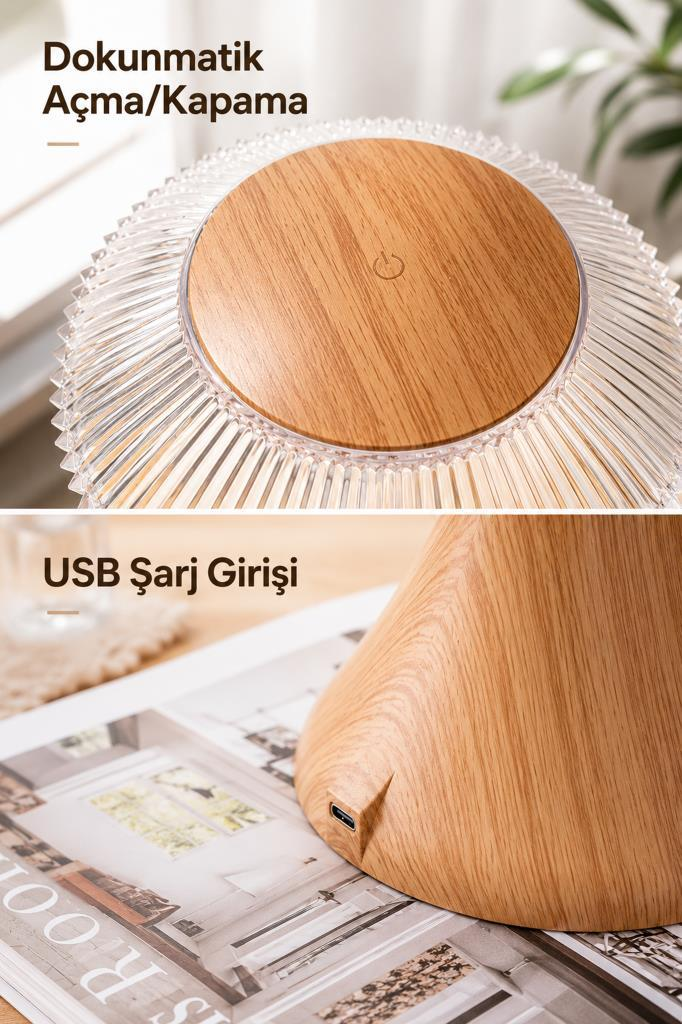 Ahşap yüzeyli, cam detaylı lamba. USB şarj girişi görünüyor.