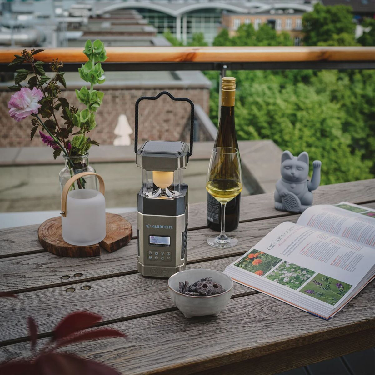 Ein Tisch im Freien mit einer Laterne, Wein, Blumen, einem Buch und einem Glückskätzchen.