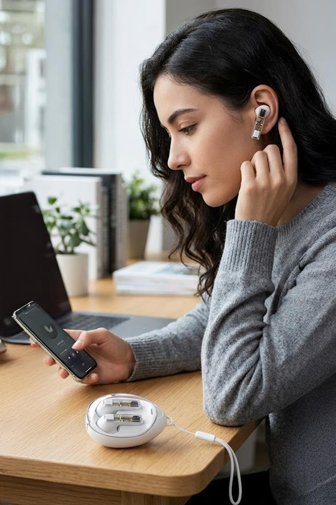 Bir kadın masada oturuyor, kulaklık ve akıllı telefon kullanıyor.