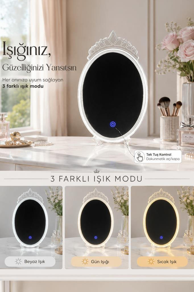 Oval ayna, taç detaylı, üç ışık modu: beyaz, gün ışığı, sıcak.