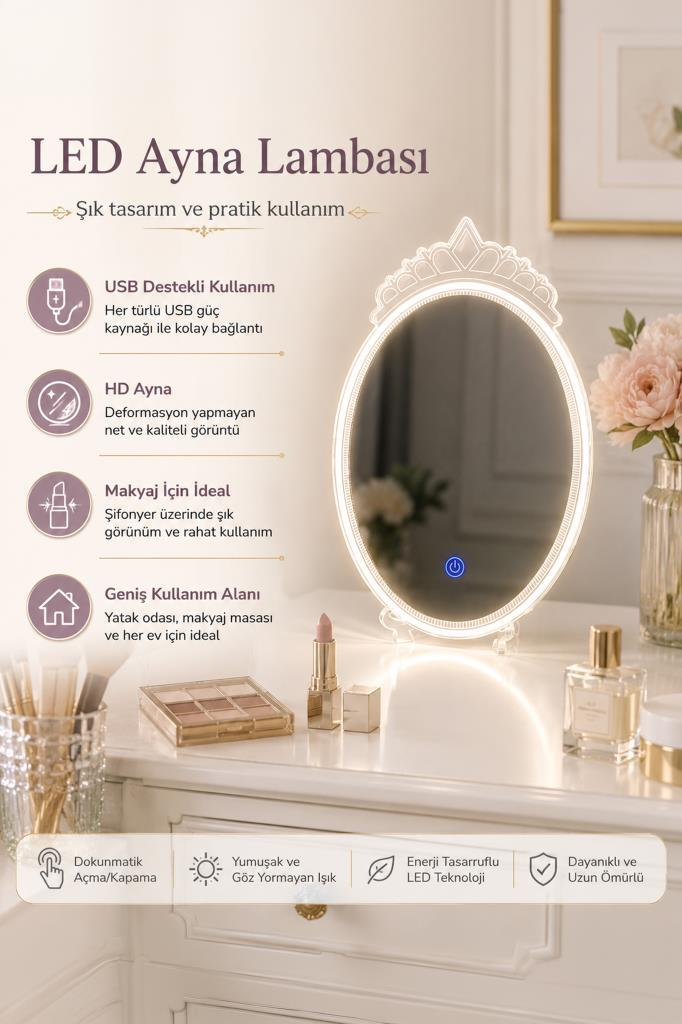 Oval LED ayna, taç, makyaj, parfüm ve çiçekler ile bir makyaj masasında.