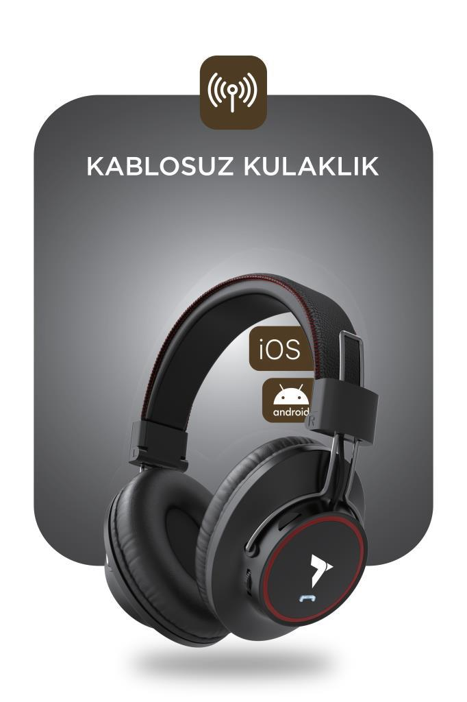 Wi-Fi sembollü, iOS ve Android logolu kablosuz kulaklık.