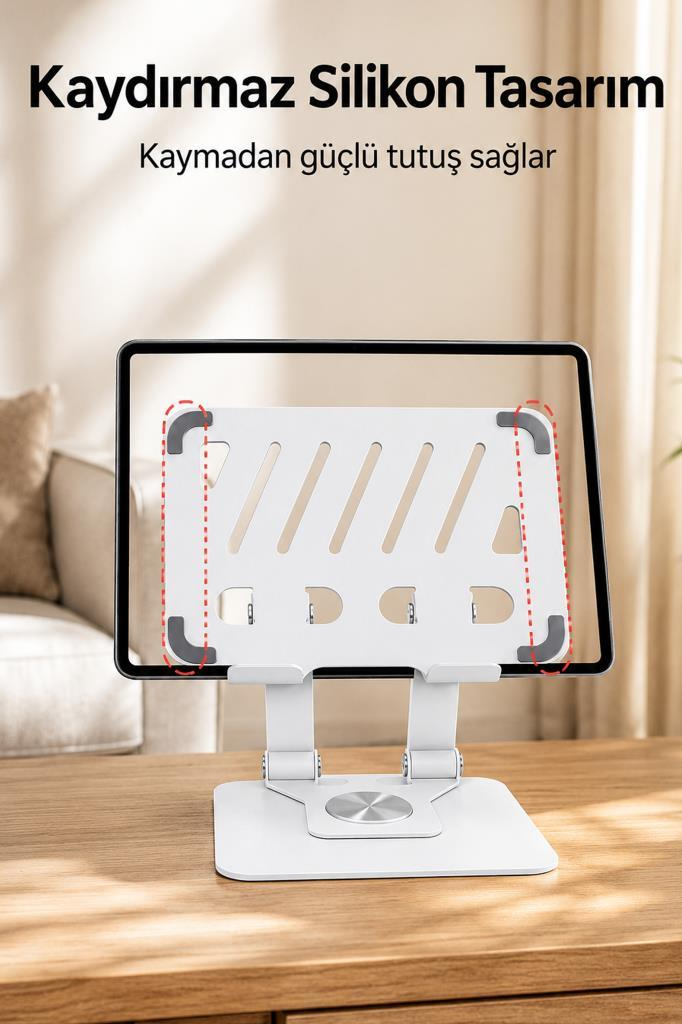 Silikon pedli beyaz tablet standı, ahşap masada bir tableti tutuyor.