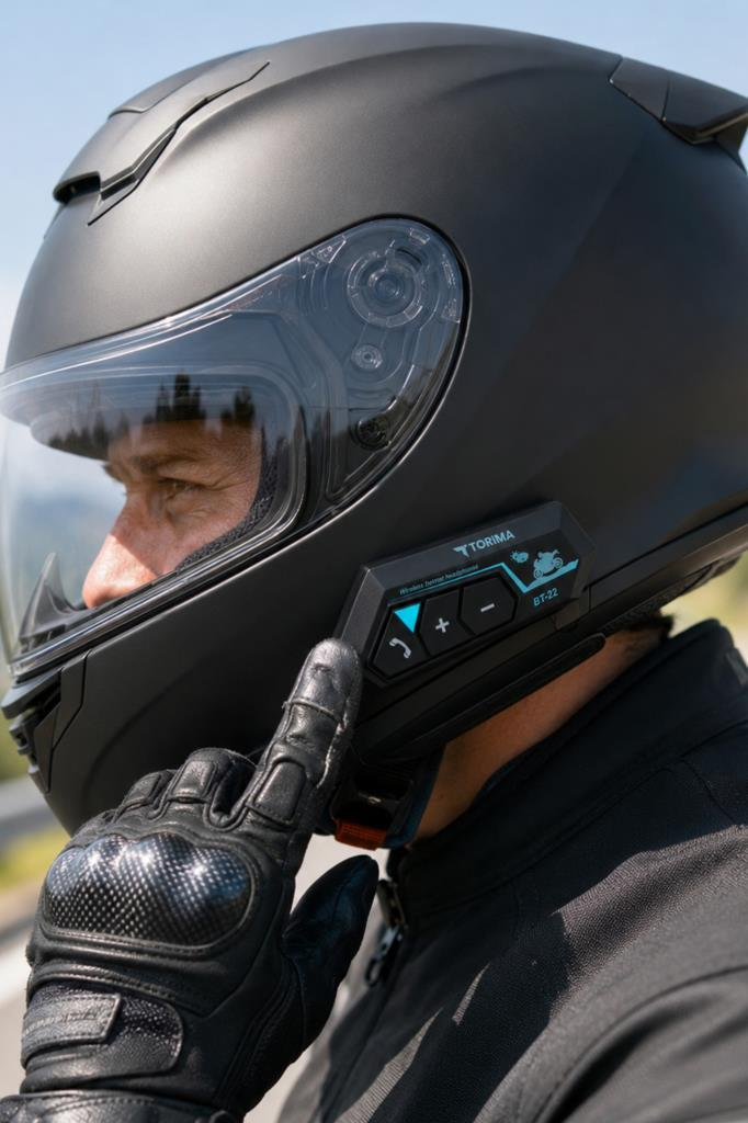 Siyah kasklı ve Bluetooth'lu kulaklıklı motosikletçi çenesine dokunuyor.