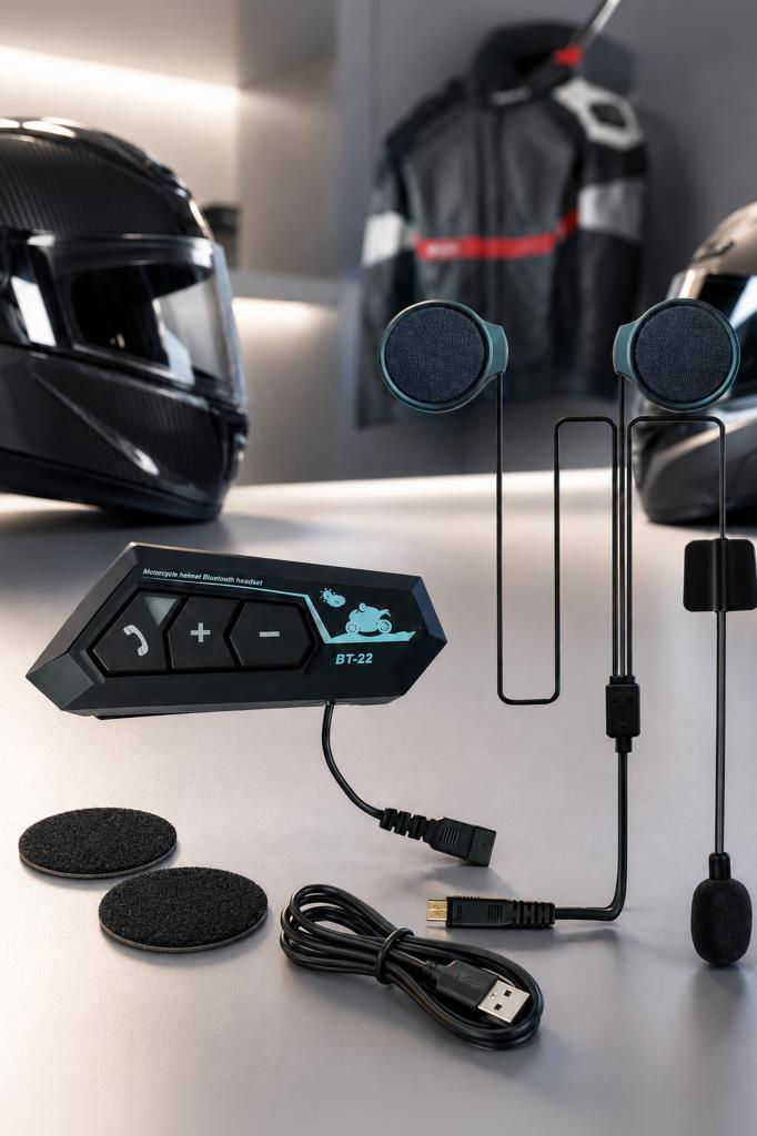 Hoparlörlü, mikrofonlu, kablolu ve yedek pedli motosiklet kaskı Bluetooth kulaklığı.
