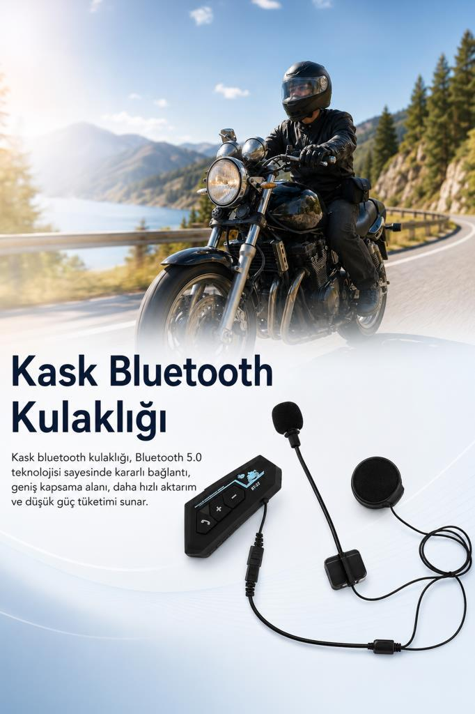 Kasklı motosikletçi yolda. Yanında Bluetooth kulaklık.
