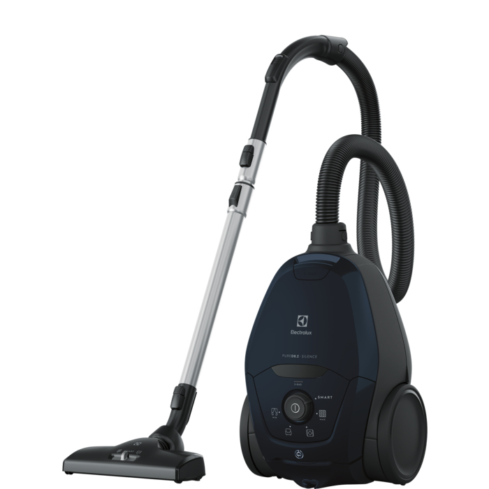 Ciemnoniebieski odkurzacz Electrolux z srebrną rurą i czarnym wężem.