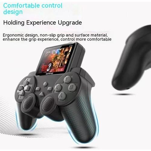 Ekranlı siyah video oyun kumandası, rahat tutuş için ergonomik tasarım.