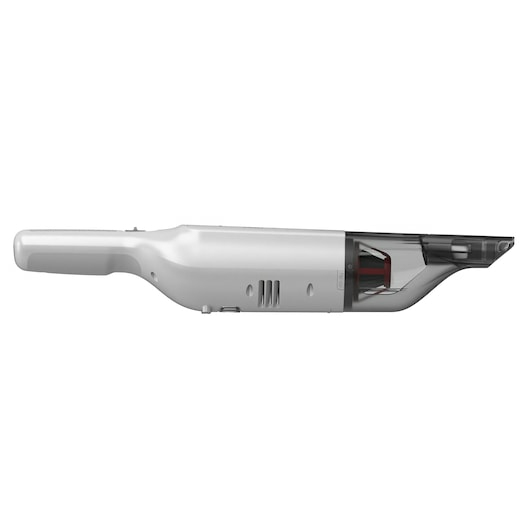 Un aspirapolvere portatile bianco con contenitore trasparente e motore rosso.