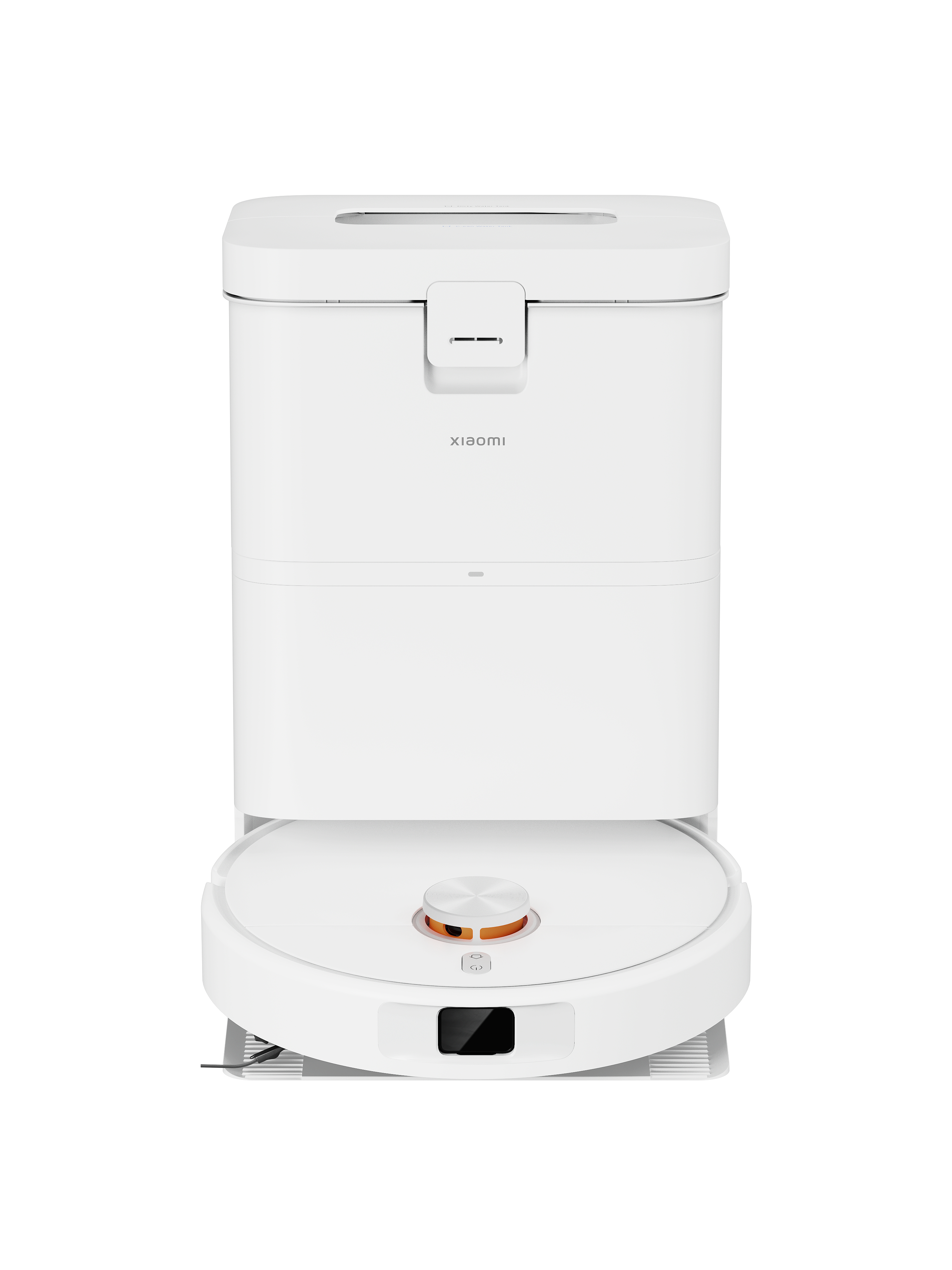 Un robot aspirapolvere Xiaomi bianco con base di ricarica su sfondo bianco.