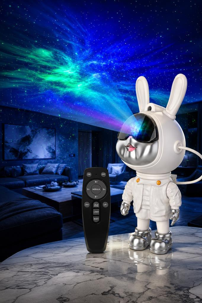 Astronot tavşan projektör odayı yıldızlar ve bulutsularla aydınlatır.