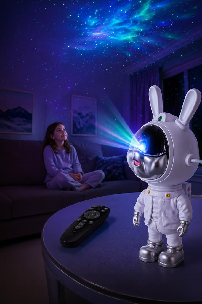 Astronot gece lambası, bir kız izlerken tavana yıldızlar ve bulutsu yansıtır.