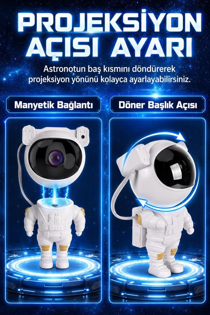Mıknatıslı bağlantılı ve döner başlıklı astronot projektörü.
