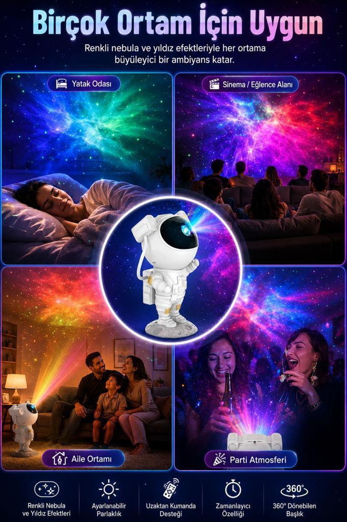 Astronot projektör, yatak odası, sinema, aile ve parti için nebula ve yıldız efektleriyle odaları aydınlatır.