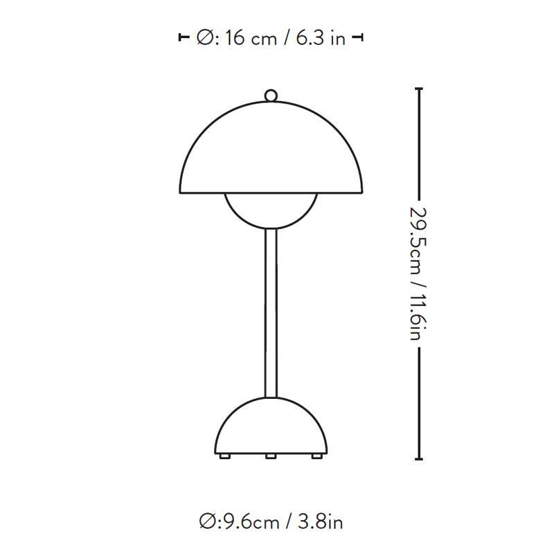 Masa lambası taslağı ölçülerle: 16cm şapka çapı, 29.5cm yükseklik, 9.6cm taban.
