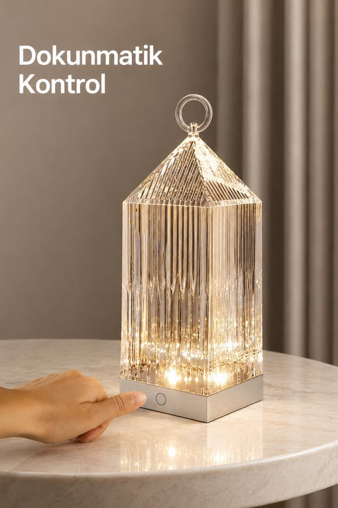 Bir el, ışıklı, şeffaf, fasetli bir lambaya dokunuyor. "Dokunmatik Kontrol" sol üstte.