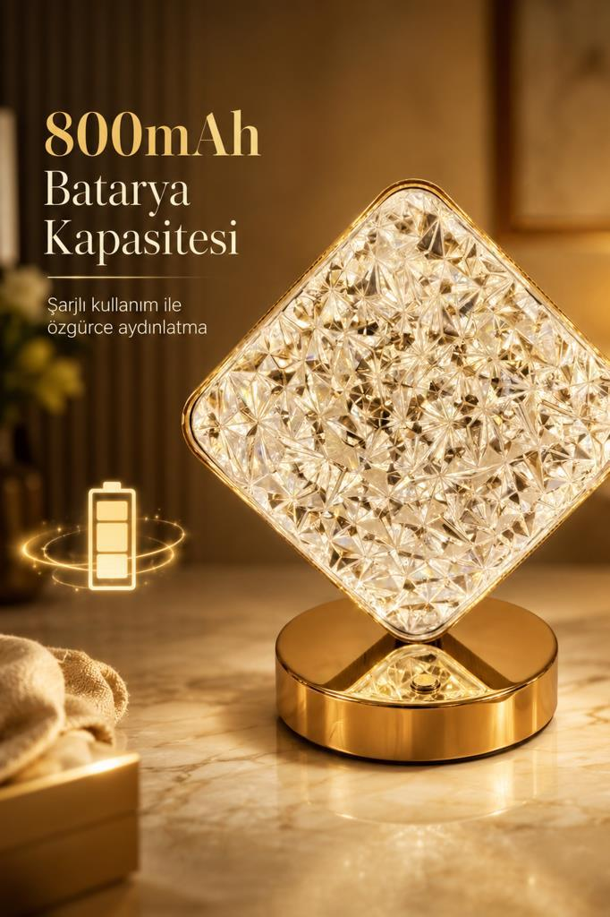 800mAh pilli, altın tabanlı, pil simgeli göz alıcı kristal masa lambası.
