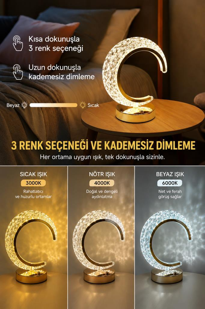 Modern, C şeklinde, kristal desenli, 3 renk ve ayarlanabilir parlaklık sunan komodin lambası prototipi.