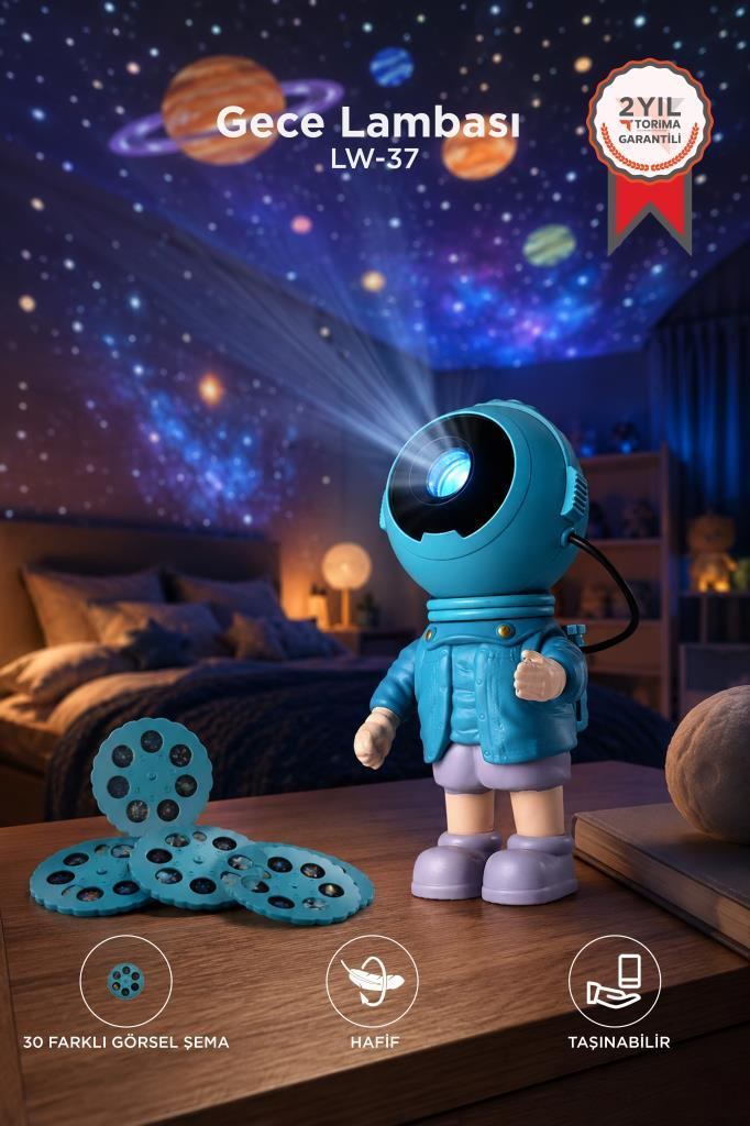 Mavi bir robot gece lambası projektörü duvara yıldızlar ve gezegenler yansıtır.