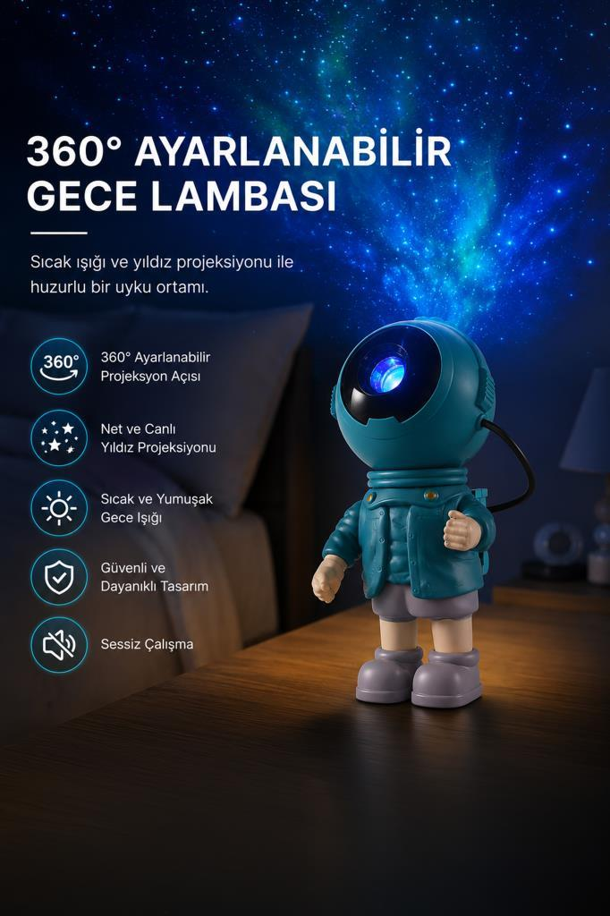 Turkuaz astronot gece lambası projektörü komodinde duruyor, yıldızları yansıtıyor.