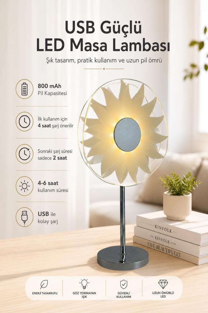 Güneş çiçeği tasarımlı USB'li LED masa lambası, 800 mAh pil.