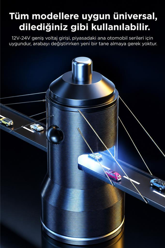 Etrafında yolların geçtiği arabaların sürdüğü evrensel bir araç şarj adaptörü.