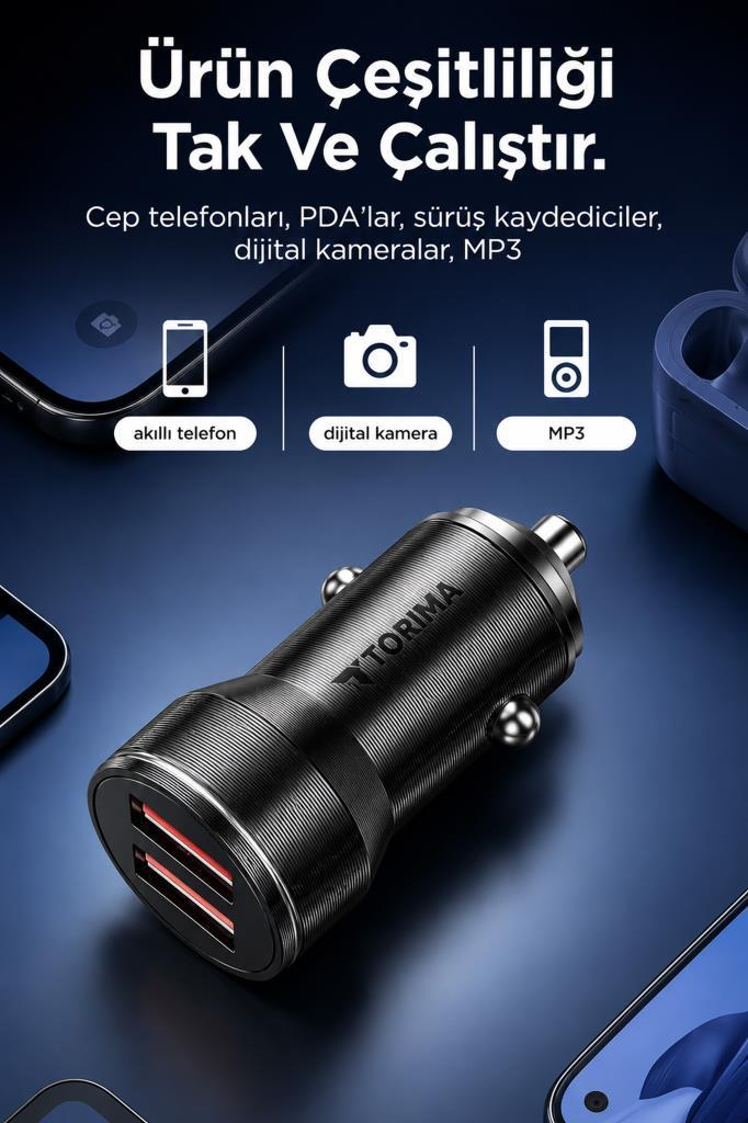 İki USB bağlantı noktalı ve Torima logolu siyah araç şarj adaptörü.