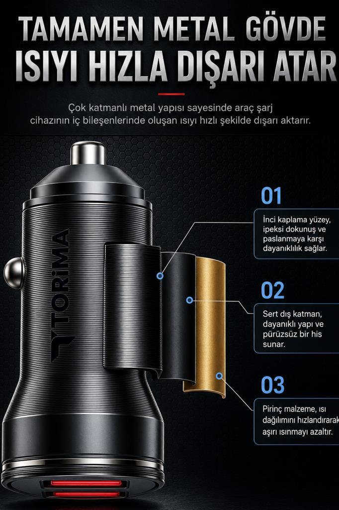 Sıcaklığı hızla dağıtan metal gövdeli siyah araç şarj cihazı.