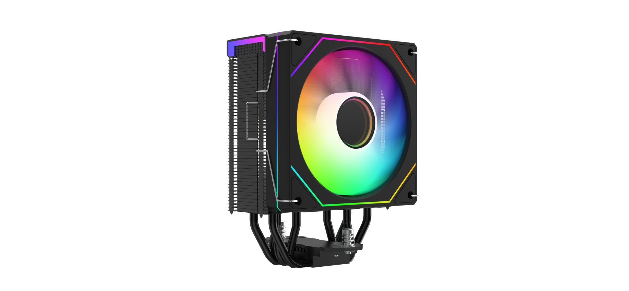 Dissipatore CPU nero con ventola RGB, dissipatore e heatpipe su sfondo bianco.