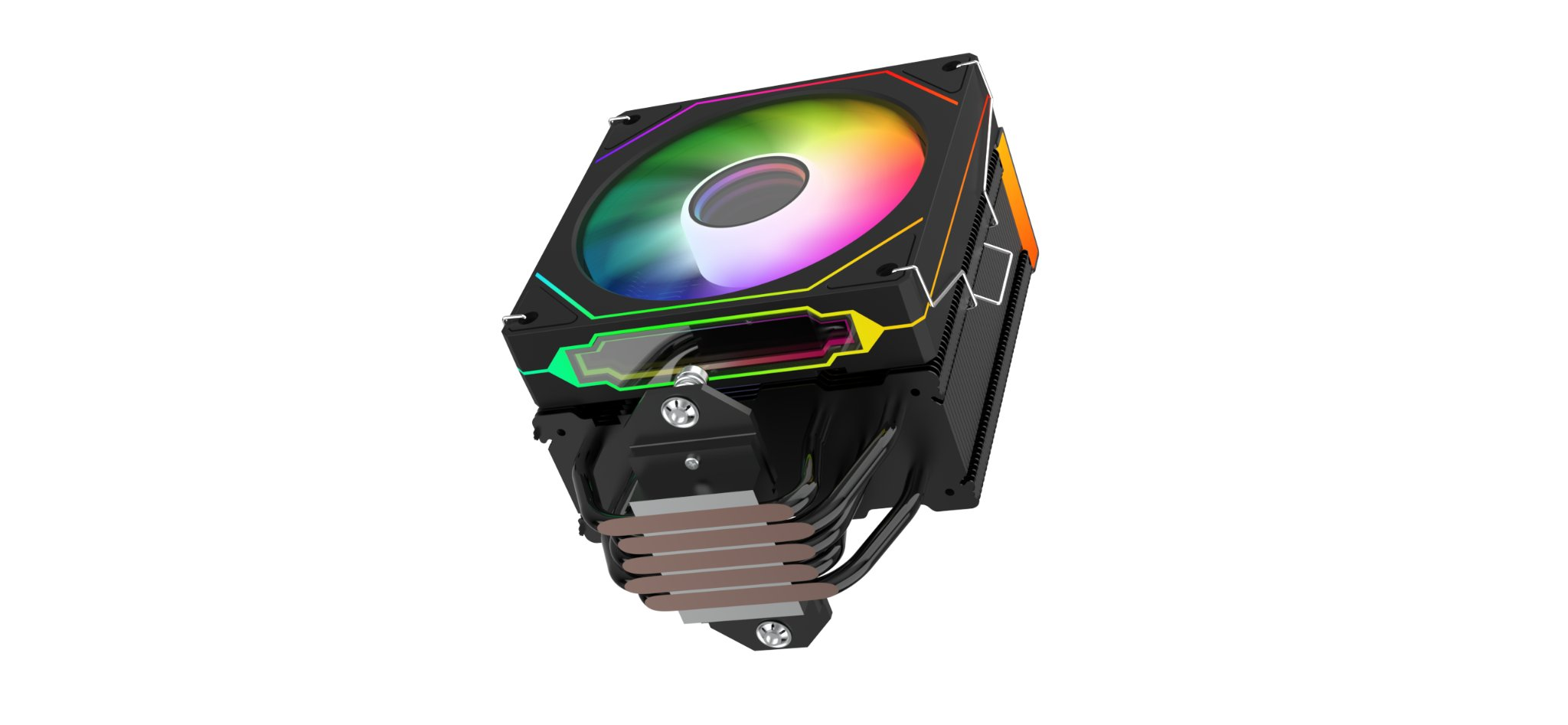 Un dissipatore per CPU nero con ventola RGB e heatpipe in rame.