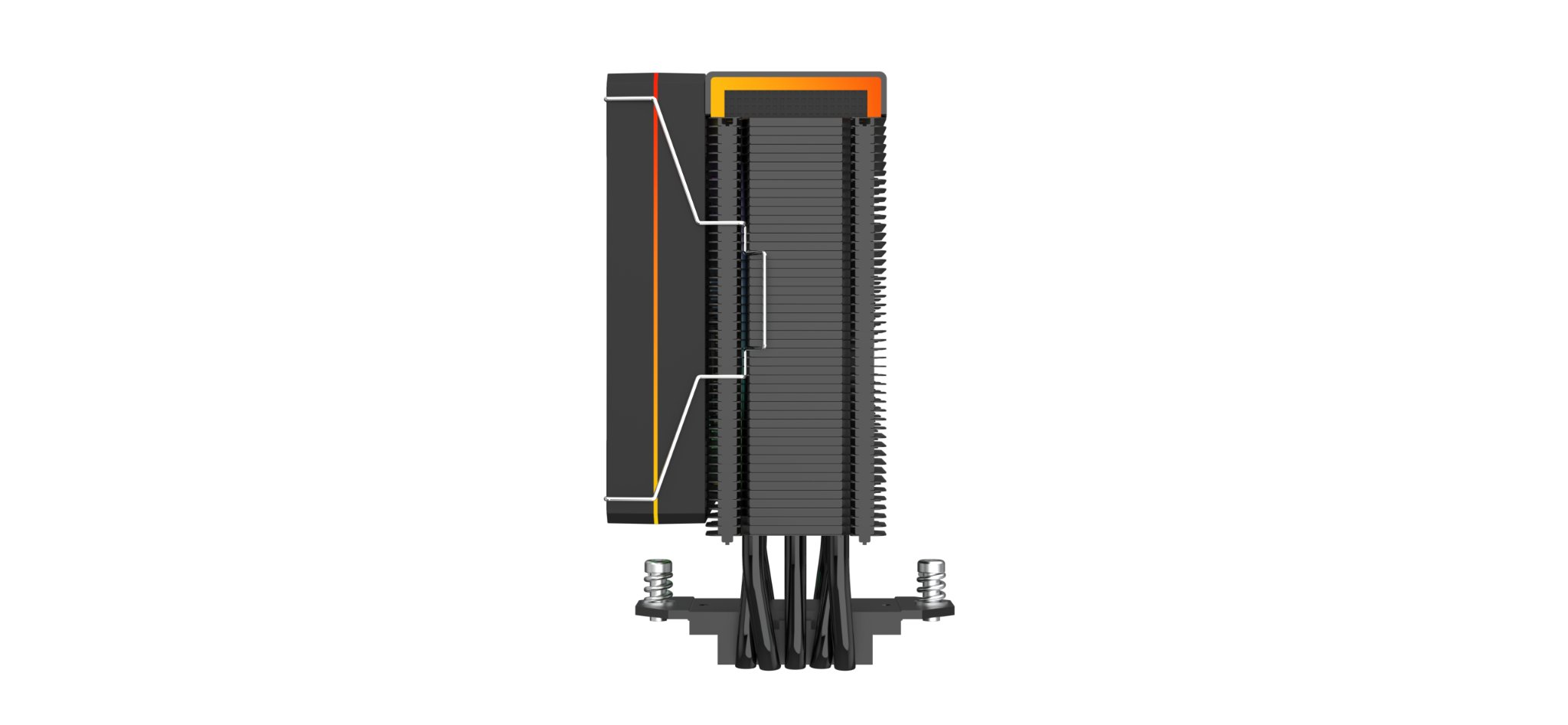 Dissipatore CPU nero con ventola, viti argentate e tubi di rame.