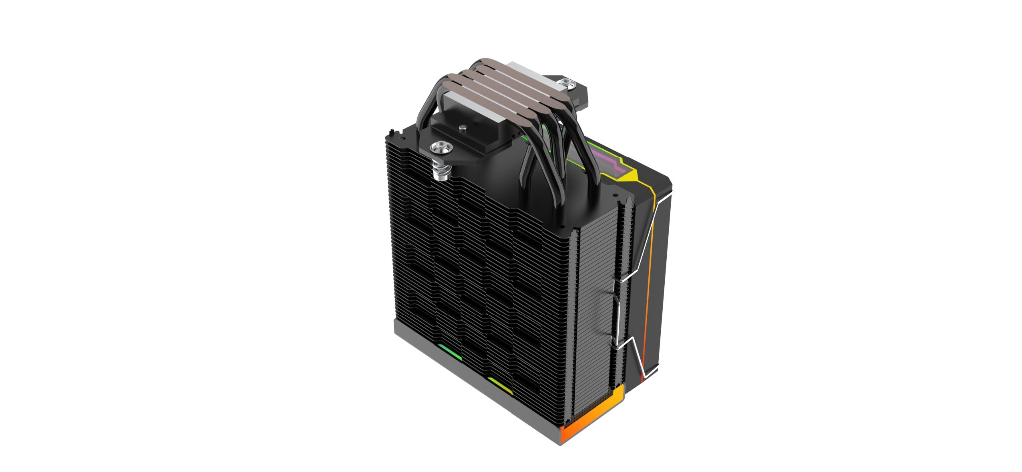 Dissipatore CPU nero con heatpipe in rame e alette in alluminio.