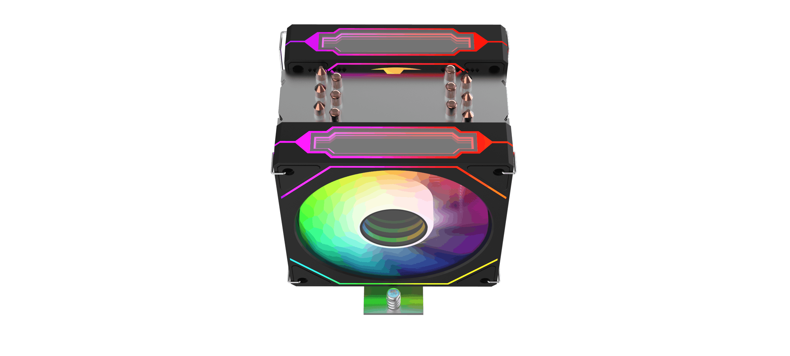 Un dissipatore per CPU nero con ventola RGB e heatpipe in rame.