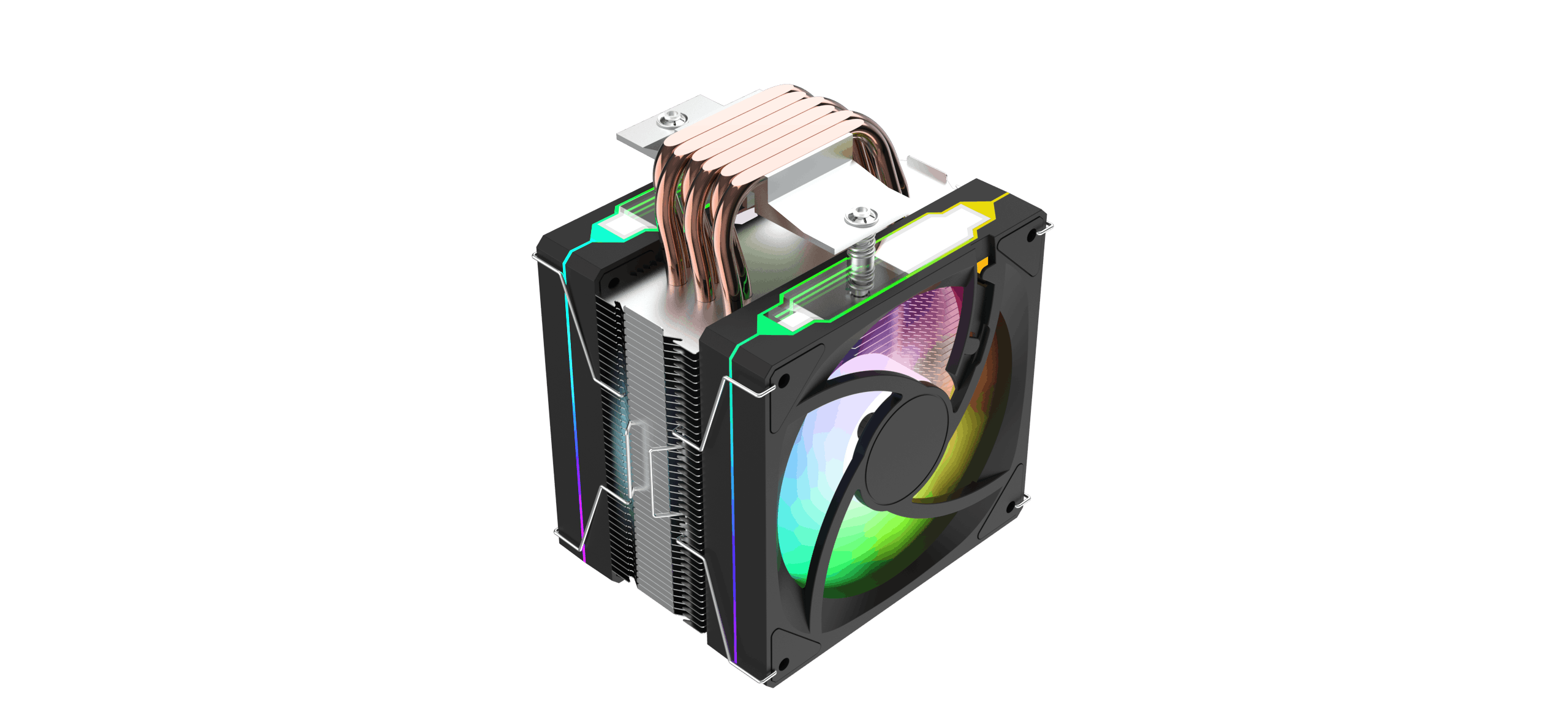 Dissipatore CPU con heatpipe color rame e ventola RGB su sfondo bianco.