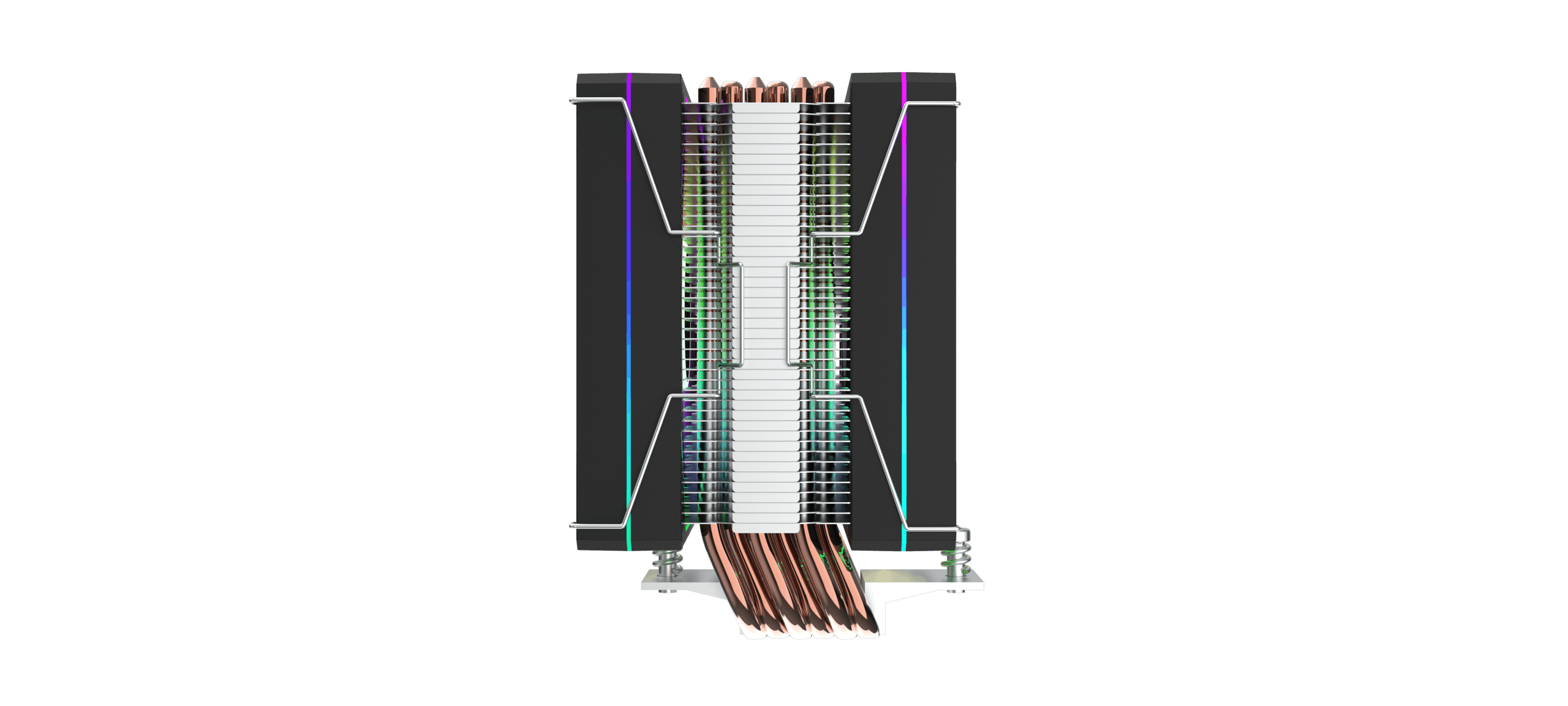 Un dissipatore per CPU con heatpipe in rame e alette nere con illuminazione RGB.