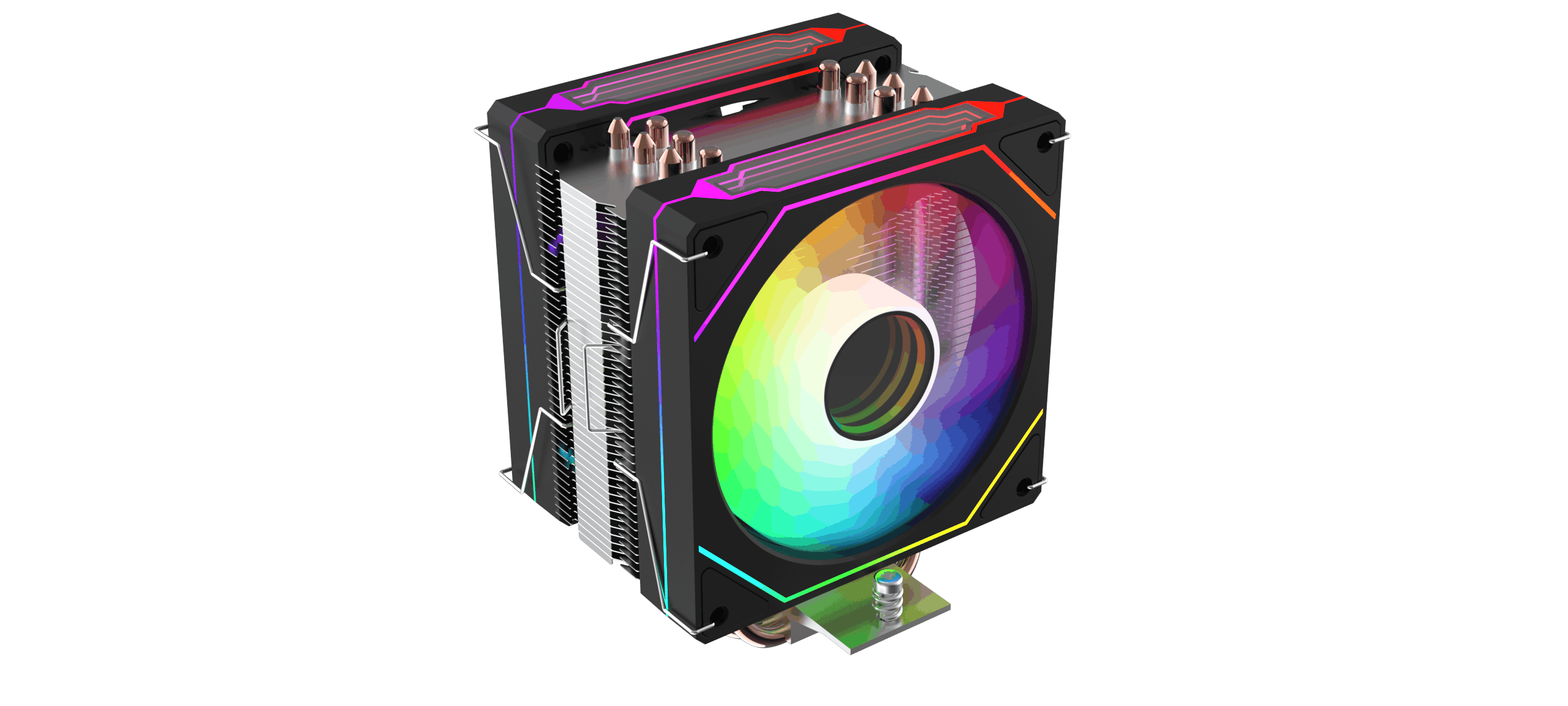 Un dissipatore per CPU nero con illuminazione RGB e alette in alluminio.