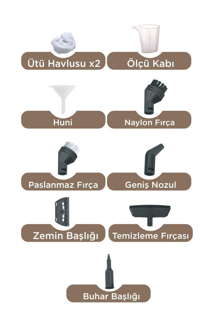 Çeşitli temizlik aparatları: ütü havluları, ölçü kabı, huni, fırçalar, nozullar ve zemin aparatları.