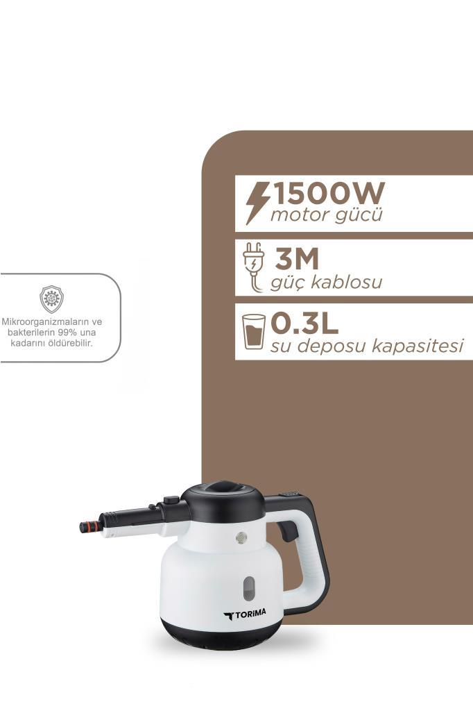 1500W gücünde, 0,3L tanklı beyaz ve siyah buharlı temizleyici.