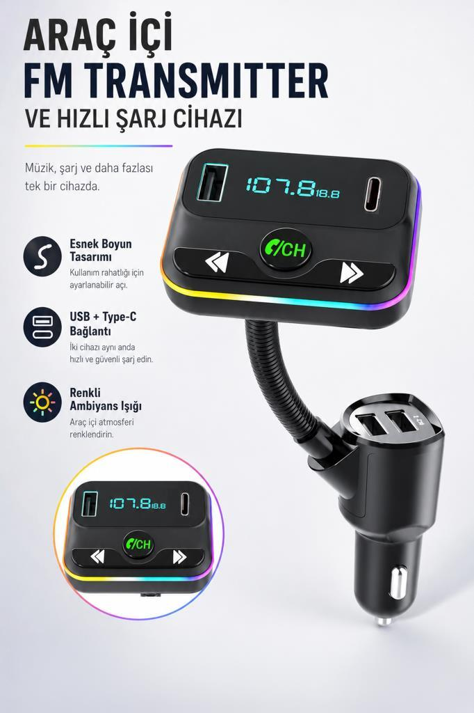 USB ve Type-C portlu, renkli ambiyans ışıklı siyah araç içi FM verici ve hızlı şarj cihazı.