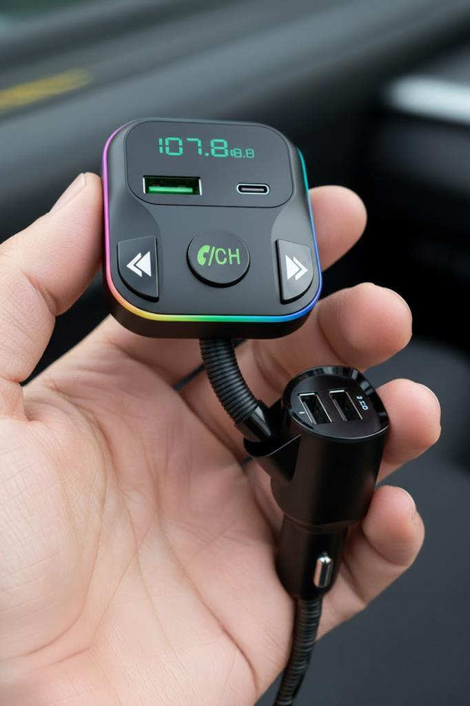 Elde tutulan, LED ekranlı ve iki USB portlu siyah araç adaptörü.