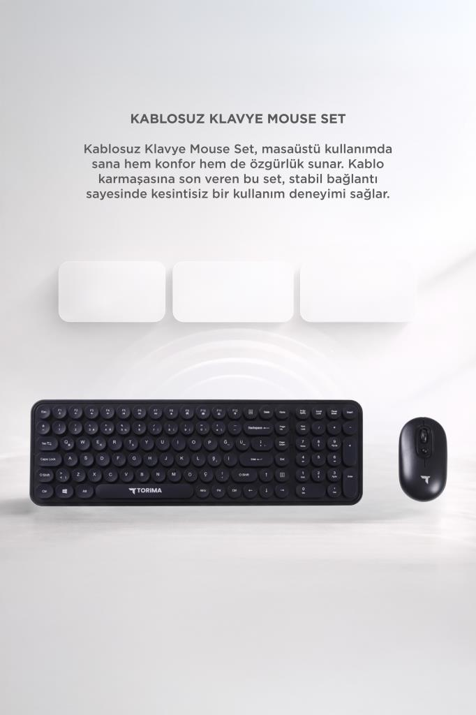 Klavyede Torima logosu bulunan siyah kablosuz klavye ve fare seti.