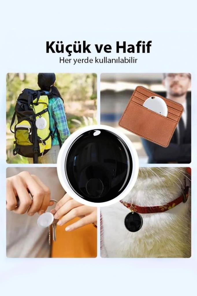 Sırt çantası, cüzdan, anahtar ve kedi tasmasına takılı kompakt takip cihazları.