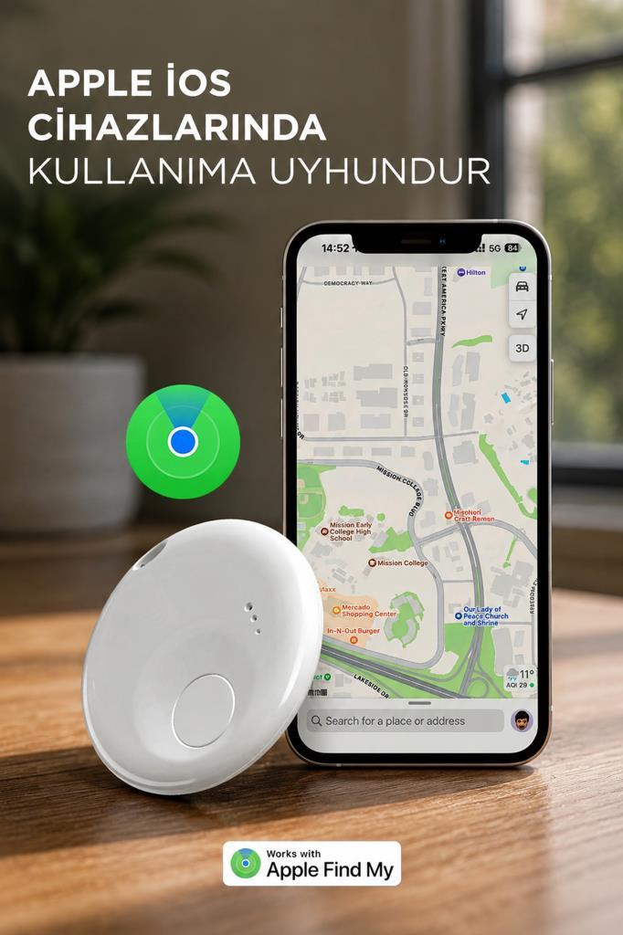 Harita uygulaması gösteren bir iPhone'un yanında beyaz bir takip cihazı. Apple Find My ile çalışır.
