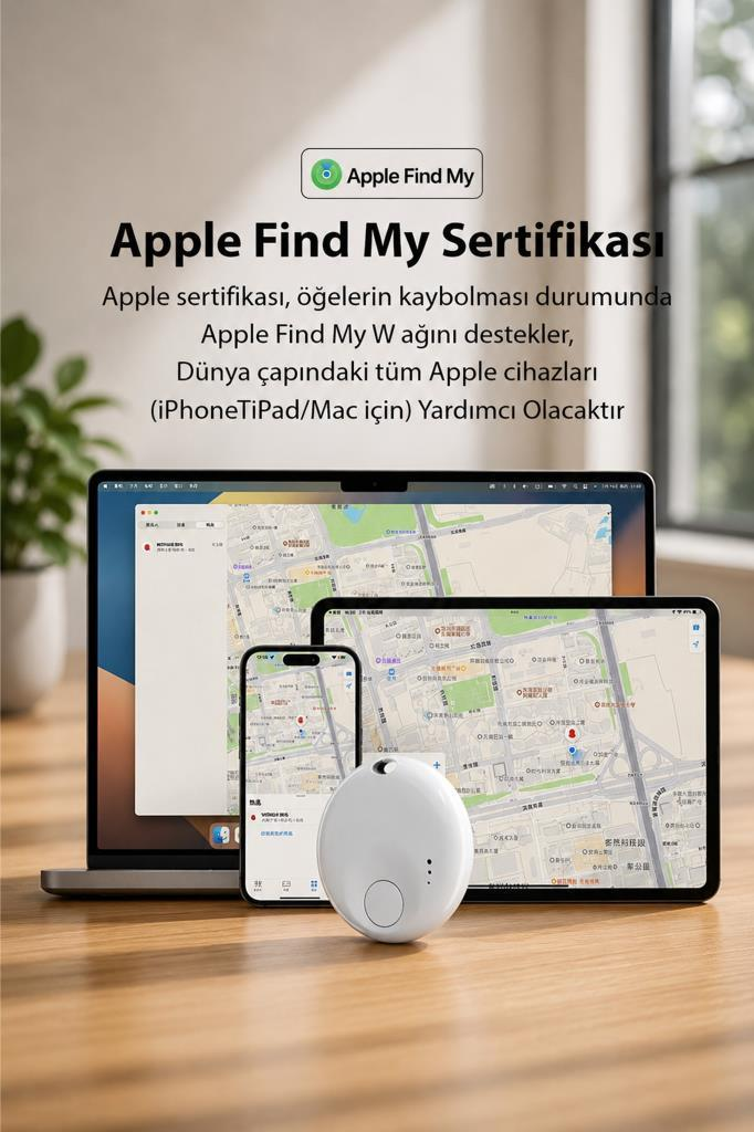 Haritaları gösteren laptop, tablet ve telefon önünde beyaz bir takip cihazı.