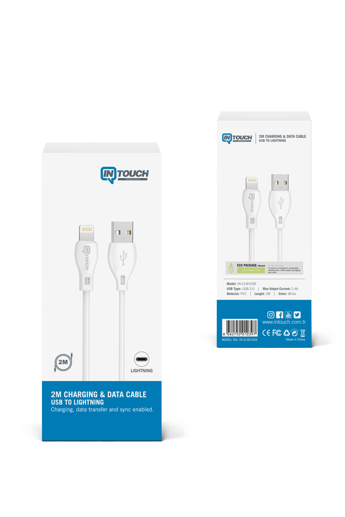 Beyaz şarj kablosu paketlemesi: Lightning ve USB fişleri, 2m uzunluk.