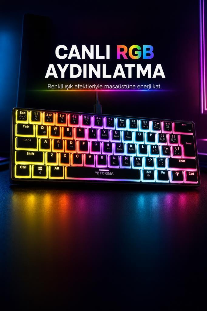 Canlı RGB tuşlara ve renkli arka aydınlatmaya sahip kompakt klavye.